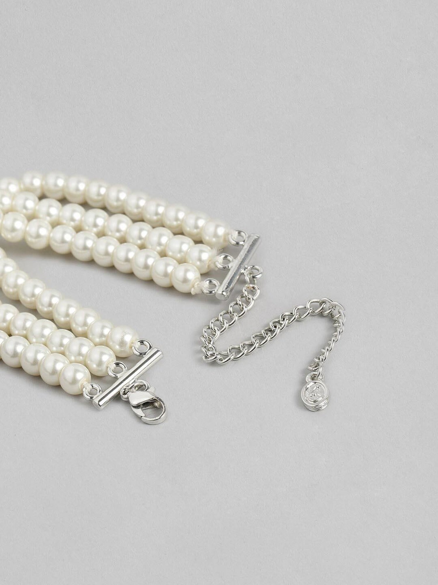 Estele Rhodium-Plated 3 Line Pearl Bracelet for Women