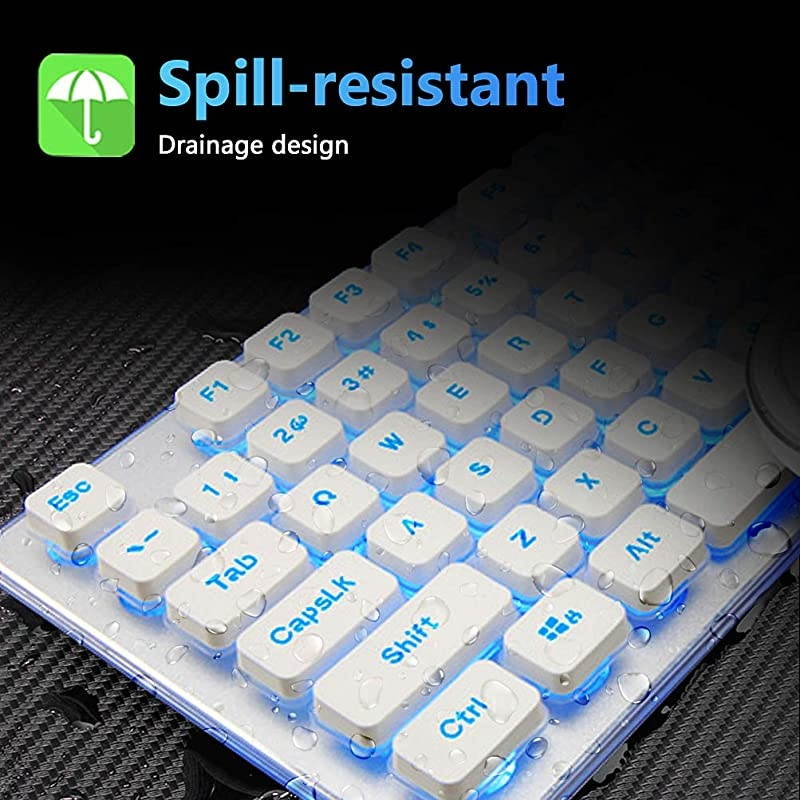 Wireless Keyboard and Mouse Combo Water Resistance 24G GreenBlue Backlit and Wireless Soundless Mouse with Nano USB Receiver for Laptop PC Mac White