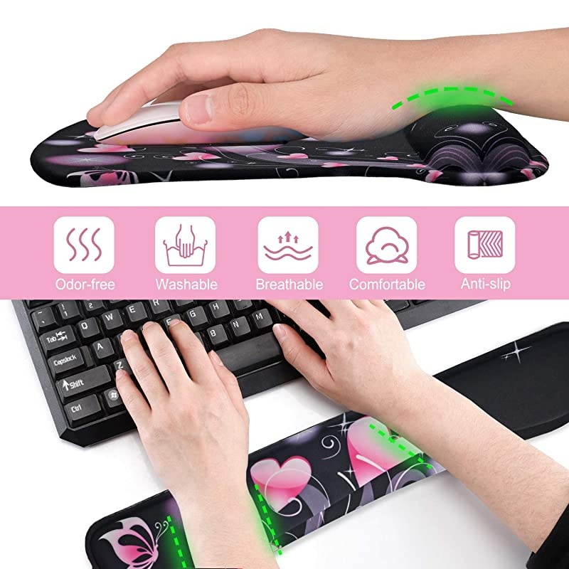 Keyboard Wrist Rest Pad Ergonomic Mouse Pad Set  Cute Mouse Pad for Computer Laptop Non Slip Mousepad Keyboard Wrist Support with Raised Memory Foam for Easy Typing Pain Relief Pink Hearts