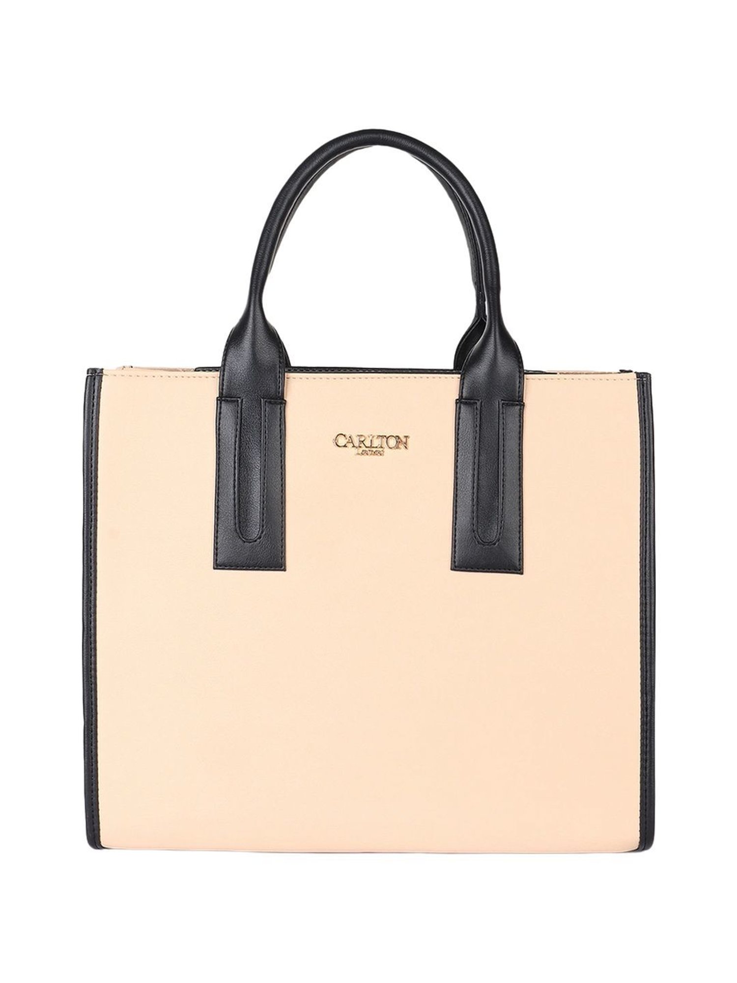 Carlton London Beige & Black Color Block Medium Handbag