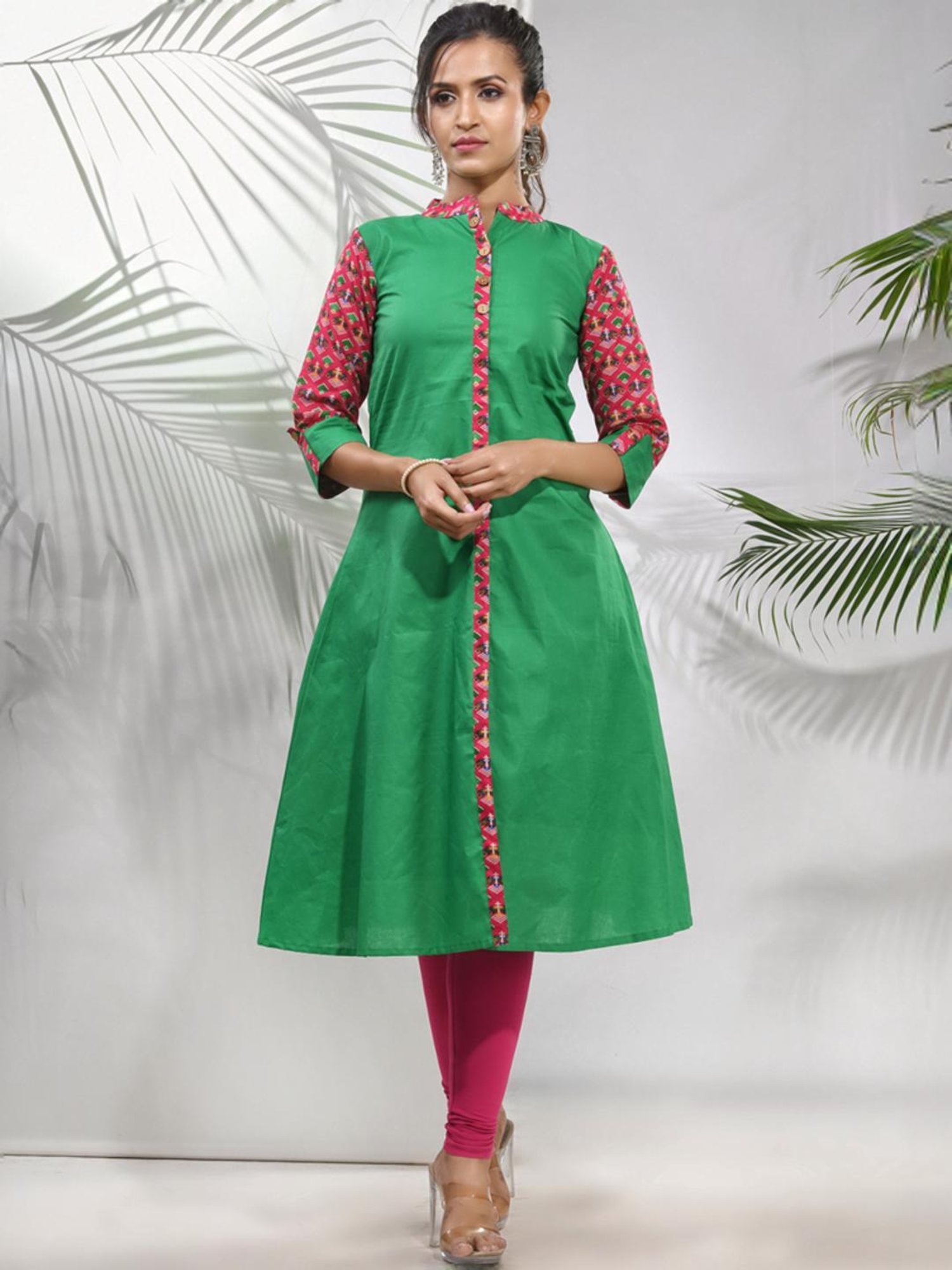 CHARUKRITI Green Cotton Printed A Line Kurta