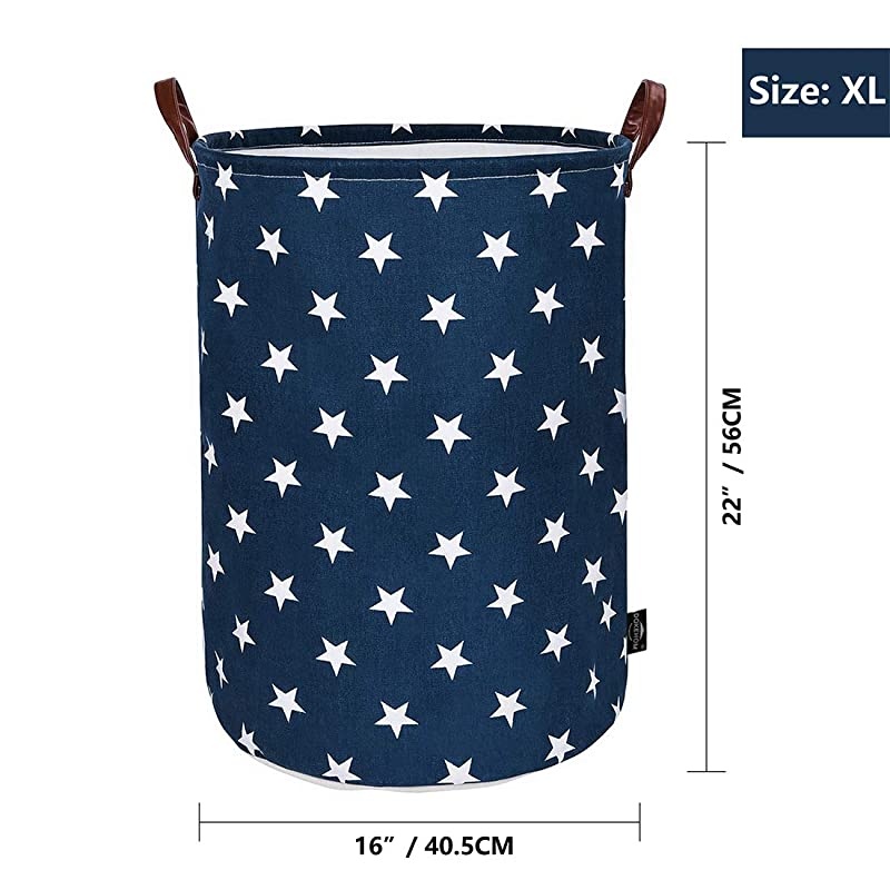 22-Inches Freestanding Laundry Basket with Lid, Collapsible Extra Large Drawstring Clothes Hamper Storage with Handle (Blue Star, XL)