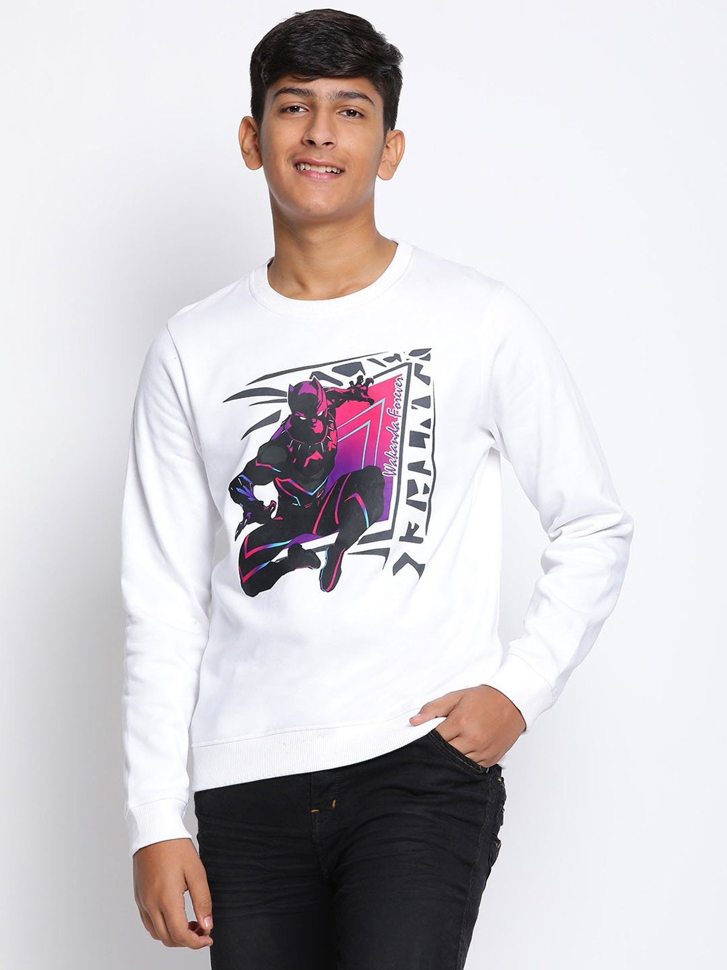 Lil Tomatoes Kids White Black Panther Print Full Sleeves Sweatshirt