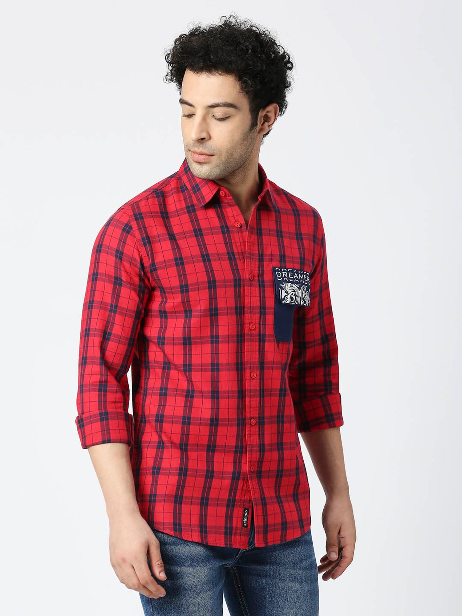 SOLEMIO Red & Navy Slim Fit Checks Shirt