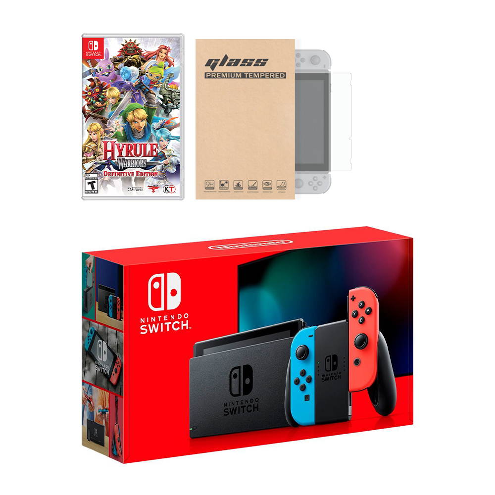 Nintendo Switch Neon Red Blue Joy-Con Console Hyrule Warriors: Definitive Edition Bundle, with Mytrix Tempered Glass Screen Protector - Improved Battery Life Console with NS Game Disc