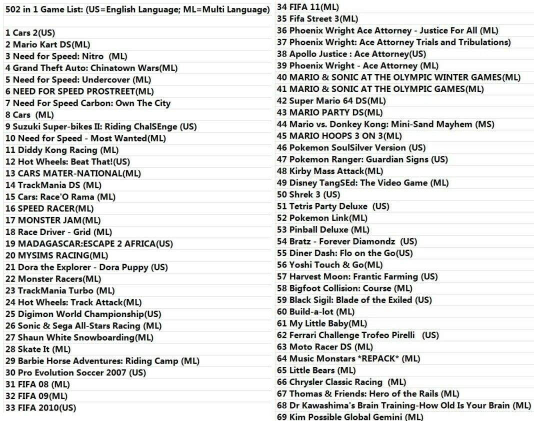 502 in 1 DS Game Cartridge Multicart US Version For Nintendo DS NDS NDSL NDSI 2DS 3DS 3DS LL / XL