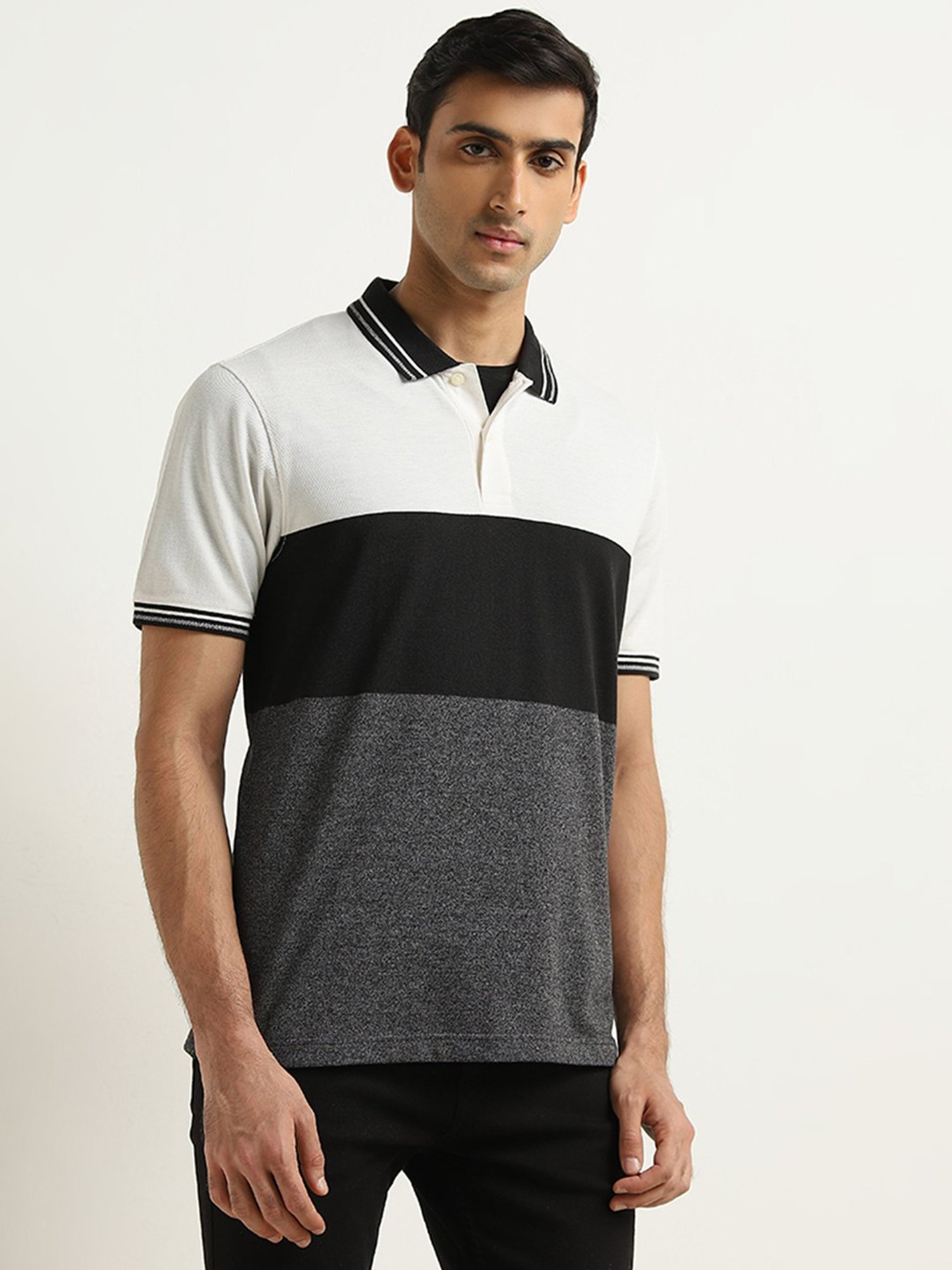 WES Casuals by Westside Grey Colour-Blocked Relaxed-Fit Polo T-Shirt