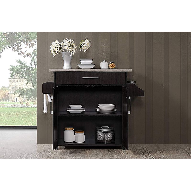 Hodedah Wheeled Kitchen Island with Spice Rack and Towel Holder, Chocolate/Gray