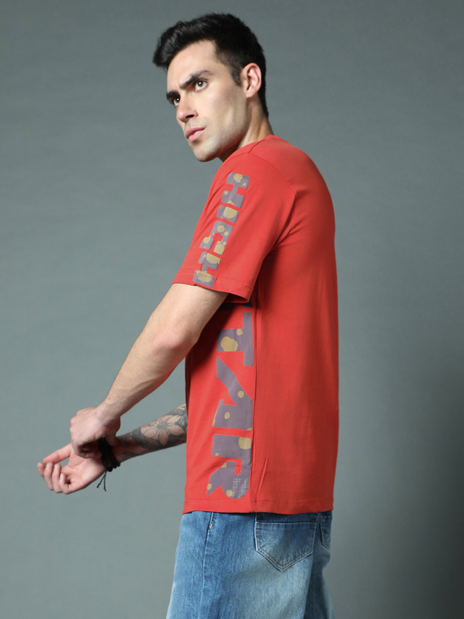 High Star Dark Orange Relaxed Fit Printed Crew T-Shirt