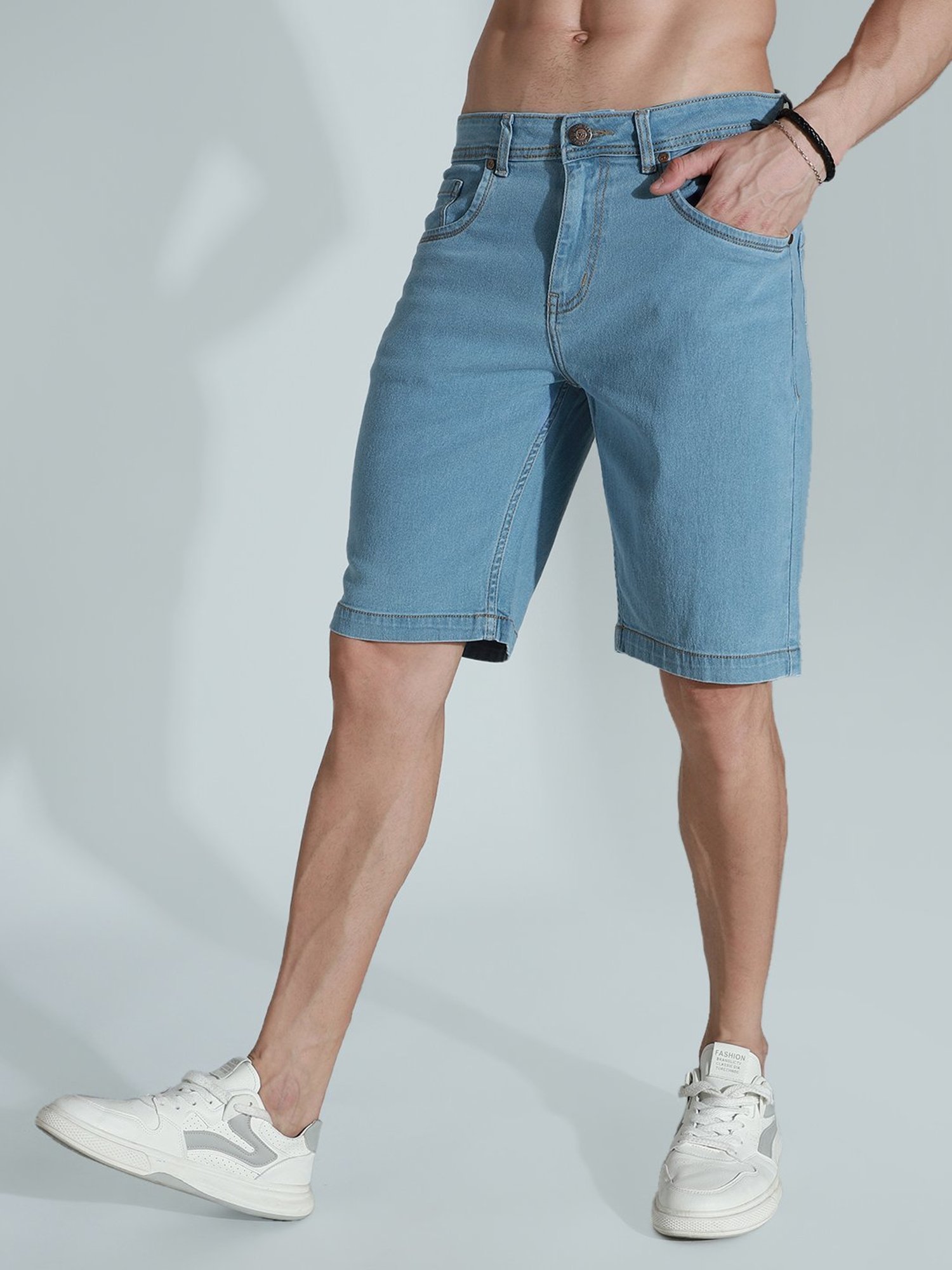 High Star Blue Cotton Regular Fit Denim Shorts