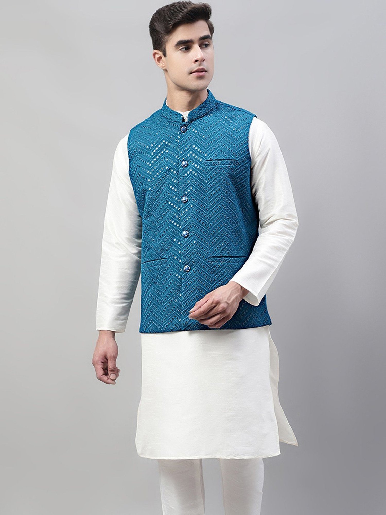 Jompers Peacock Blue Regular Fit Embroidered Nehru Jacket
