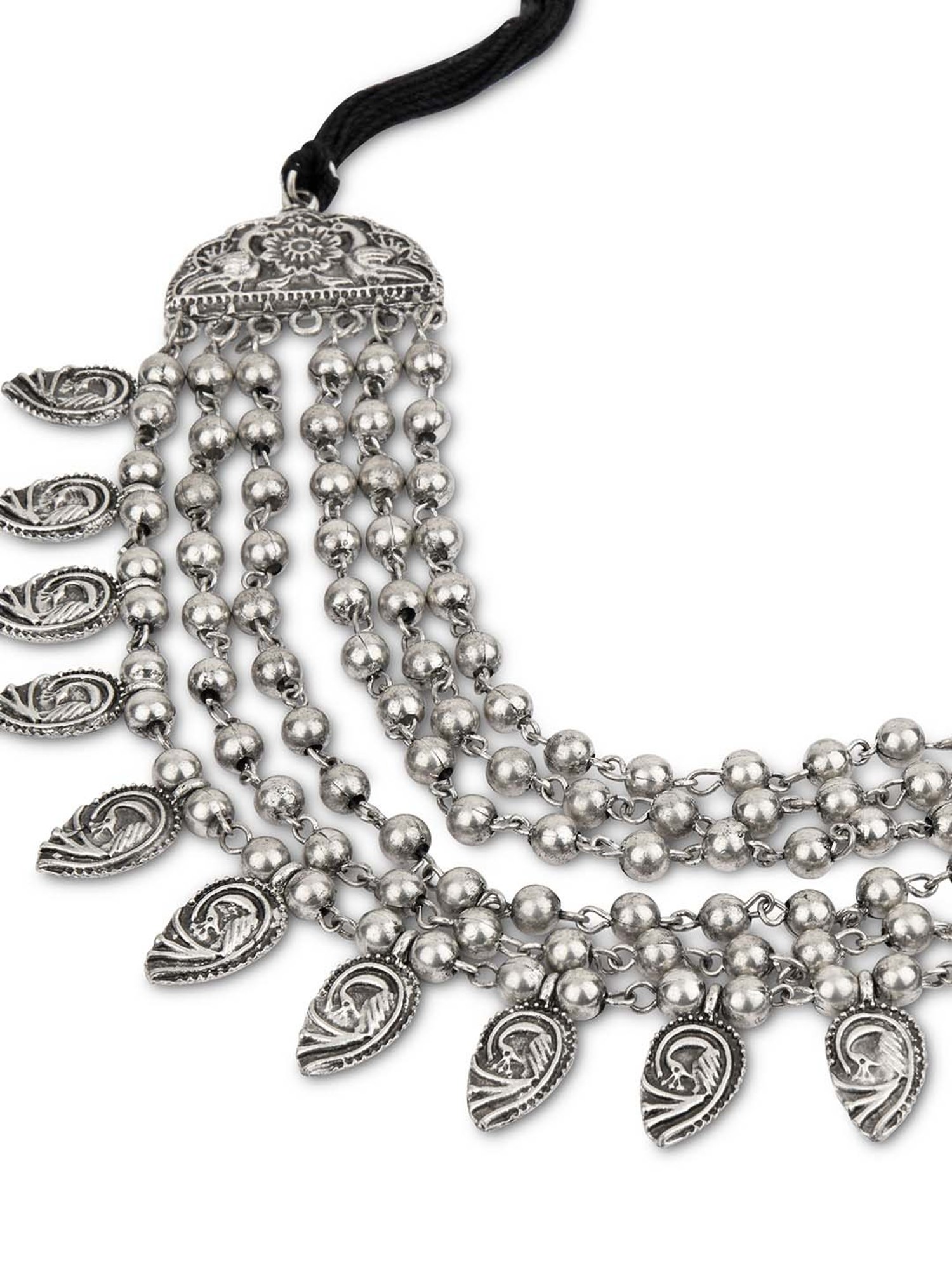Fida Beaded Peacock Embossed Charm Silver Necklace