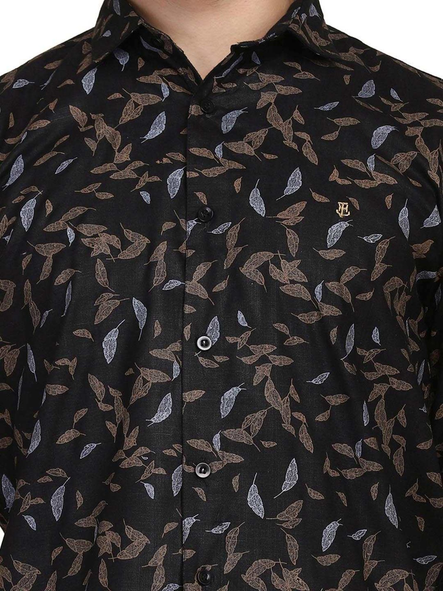 TAHVO Black Cotton Slim Fit Printed Shirt