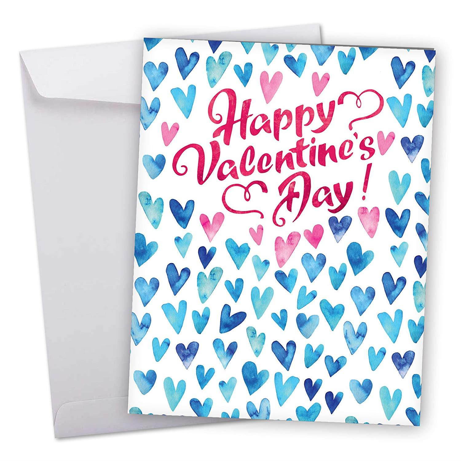 Blue Hearts' Happy Valentine's Day Greeting Card with Envelope (8.5" x 11") - Blue Hearts Background - Watercolor, Generic Design Stationery for Personalized Love Letter, VDay Gift Idea #J3503VDG