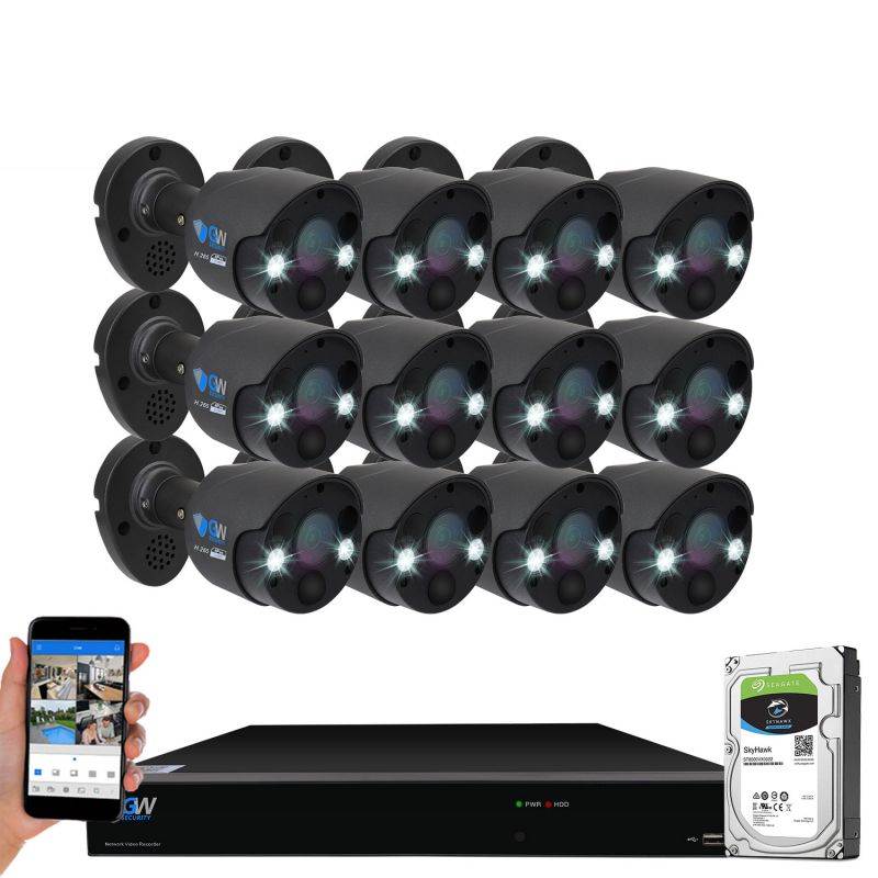 GW Security 2-Way Audio Floodlight 5.0 Megapixel PoE Security Camera System, 8 Channel 4K NVR with 4 x 5MP Full-time Color Night Vision IP Camera, Thermal PIR Heat & Motion Sensing, Two Way Talk