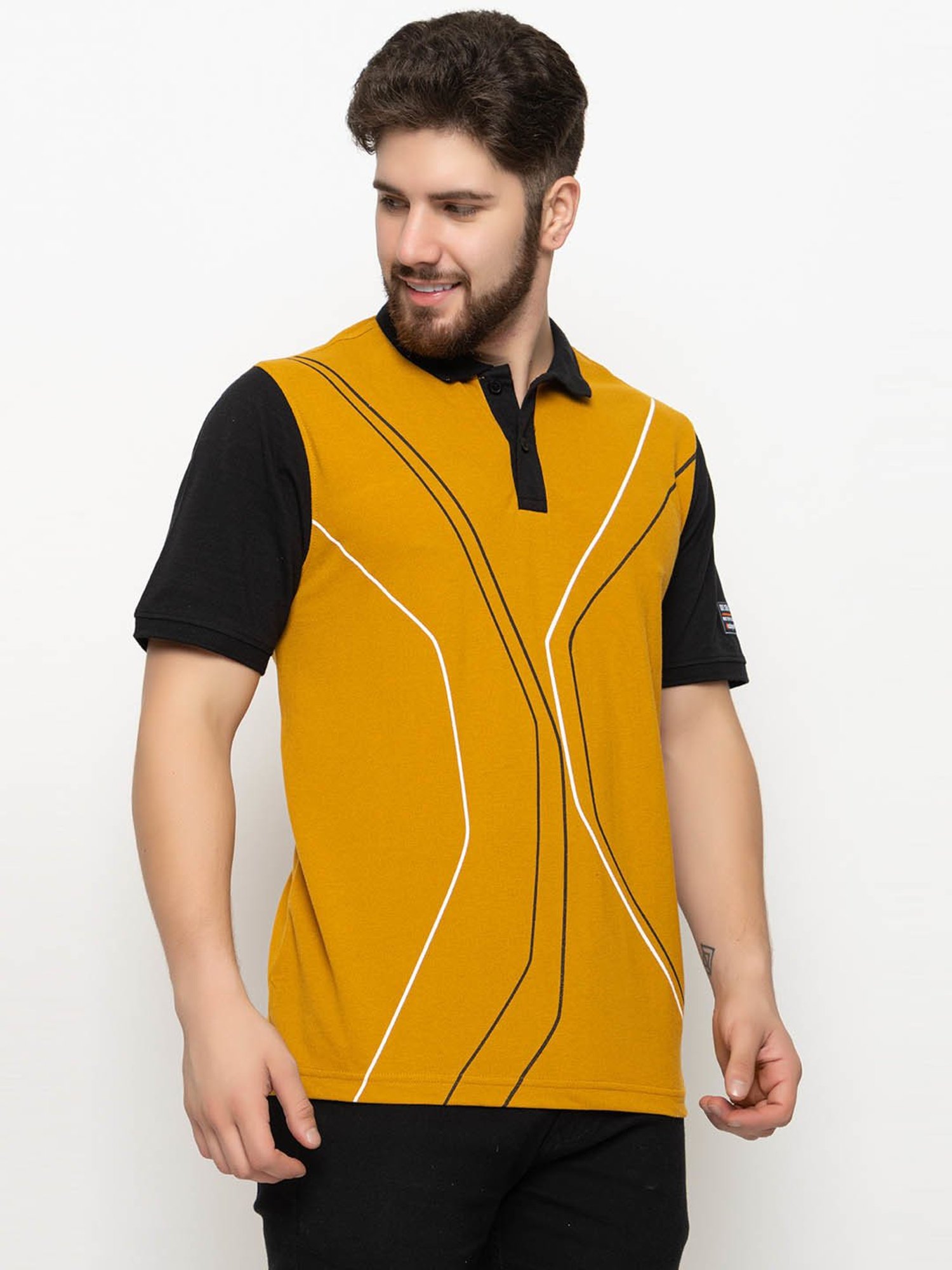 Club York Mustard & Black Regular Fit Printed Polo T-Shirt