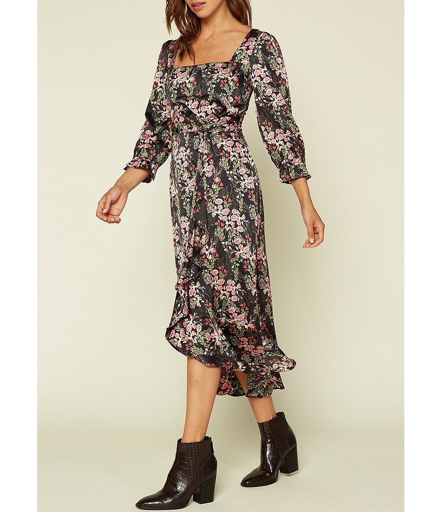 Skies Are Blue Floral Print Square Neck 3/4 Sleeve Front Knot Detail Flounce Hem Midi Dress