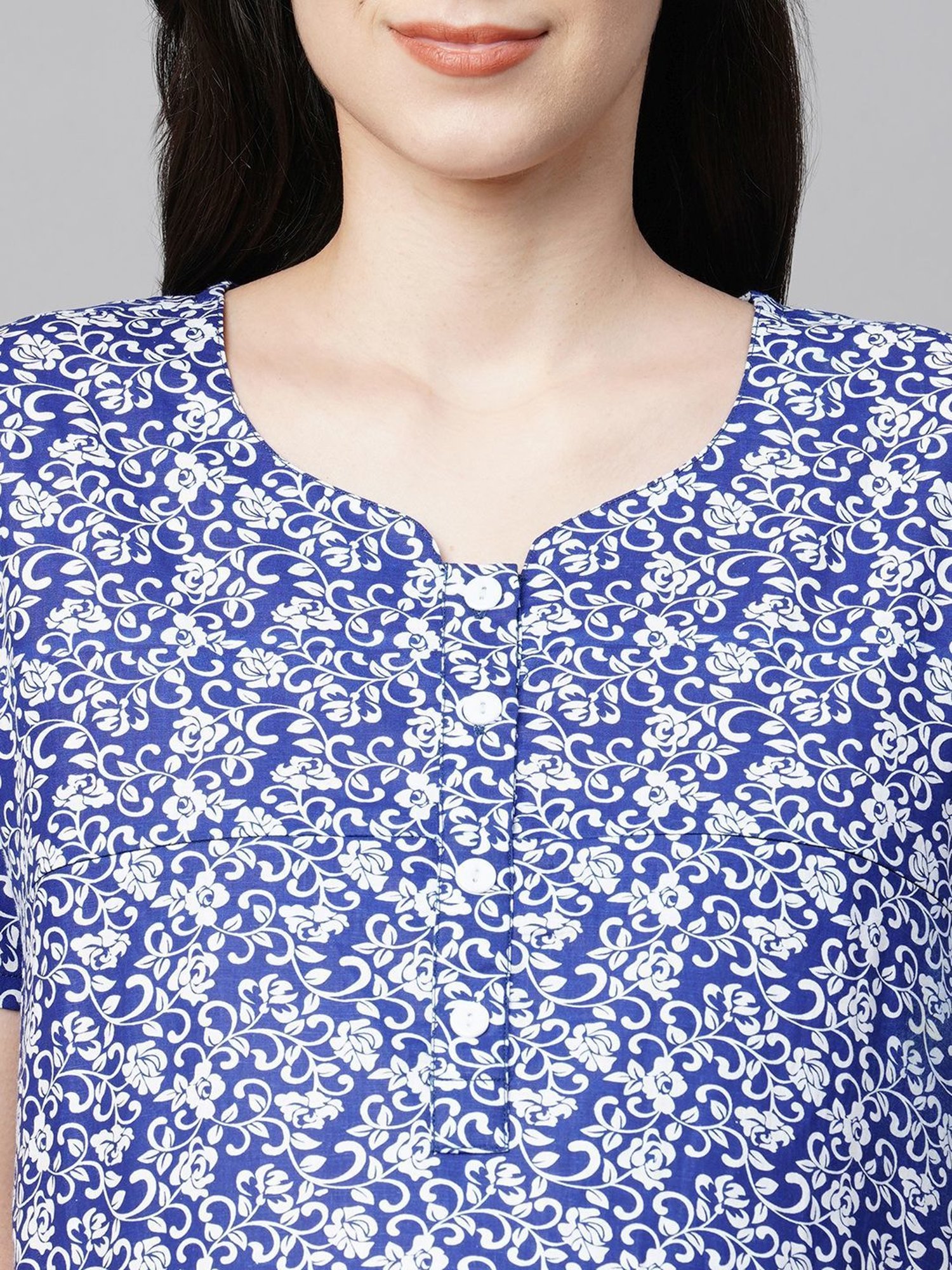 MomToBe Blue Cotton Printed Feeding Nighty