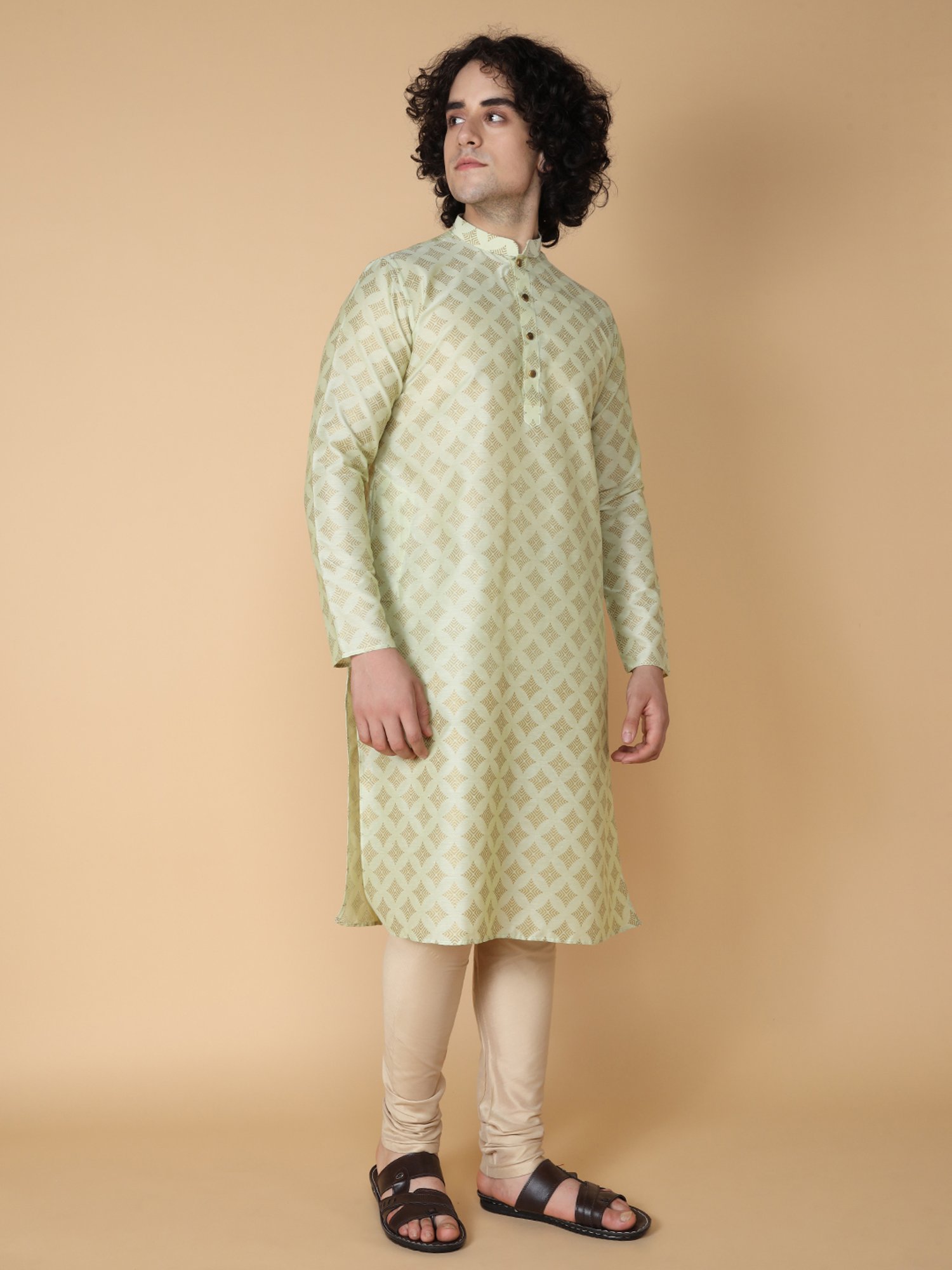 TABARD Light Green & Beige Regular Fit Printed Kurta & Pyjamas Set