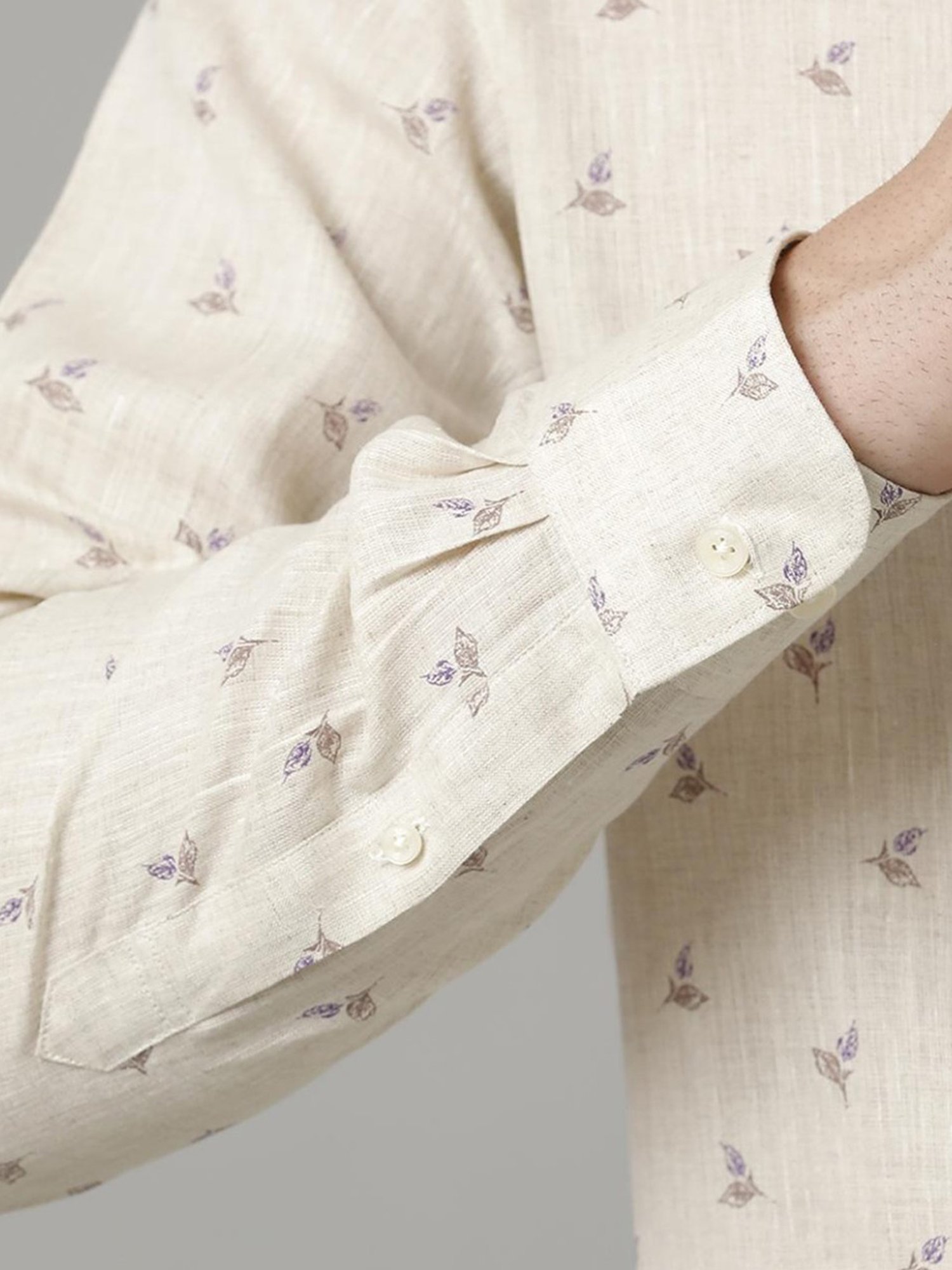 Linen Club Beige Linen Contemporary Fit Printed Shirt