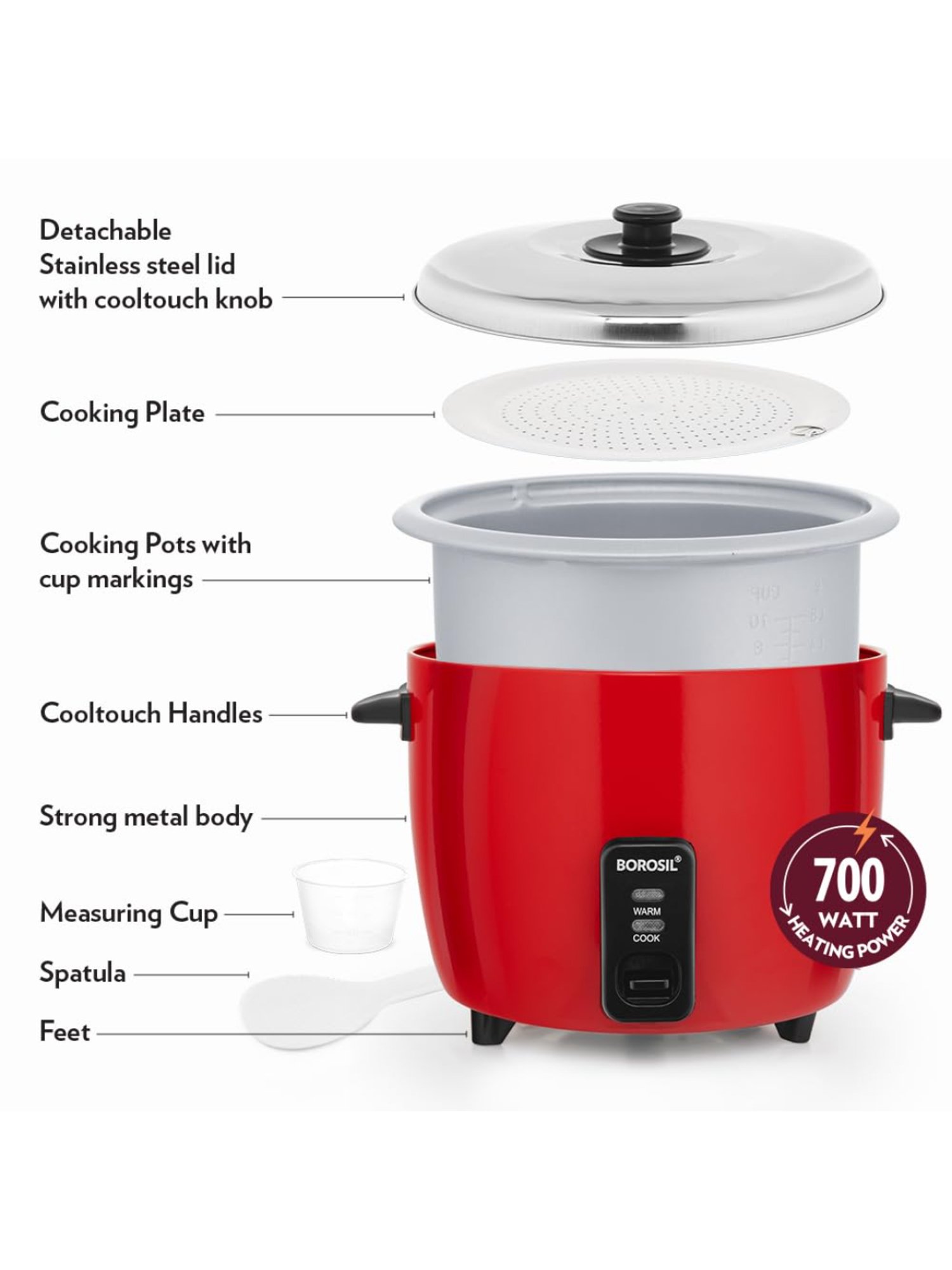 Pigeon Rice Cooker 700W, 1.8L with Single pot & Measuring Cup (Red)