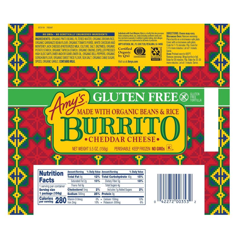 Amy's Gluten Free Bean and Cheese Frozen Burrito - 5.5oz