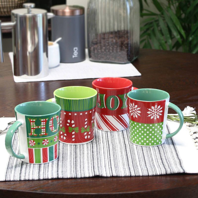 Gibson Home 15oz 4pk Stoneware Holiday Wrap Assorted Mugs