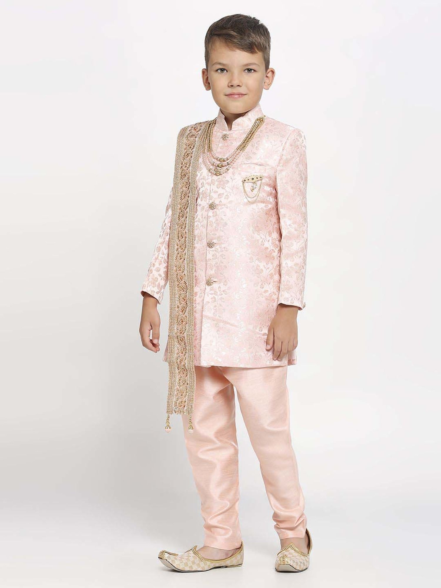 Kids Island Boys Pink Jaquard Full Sleeves Indowestern Set