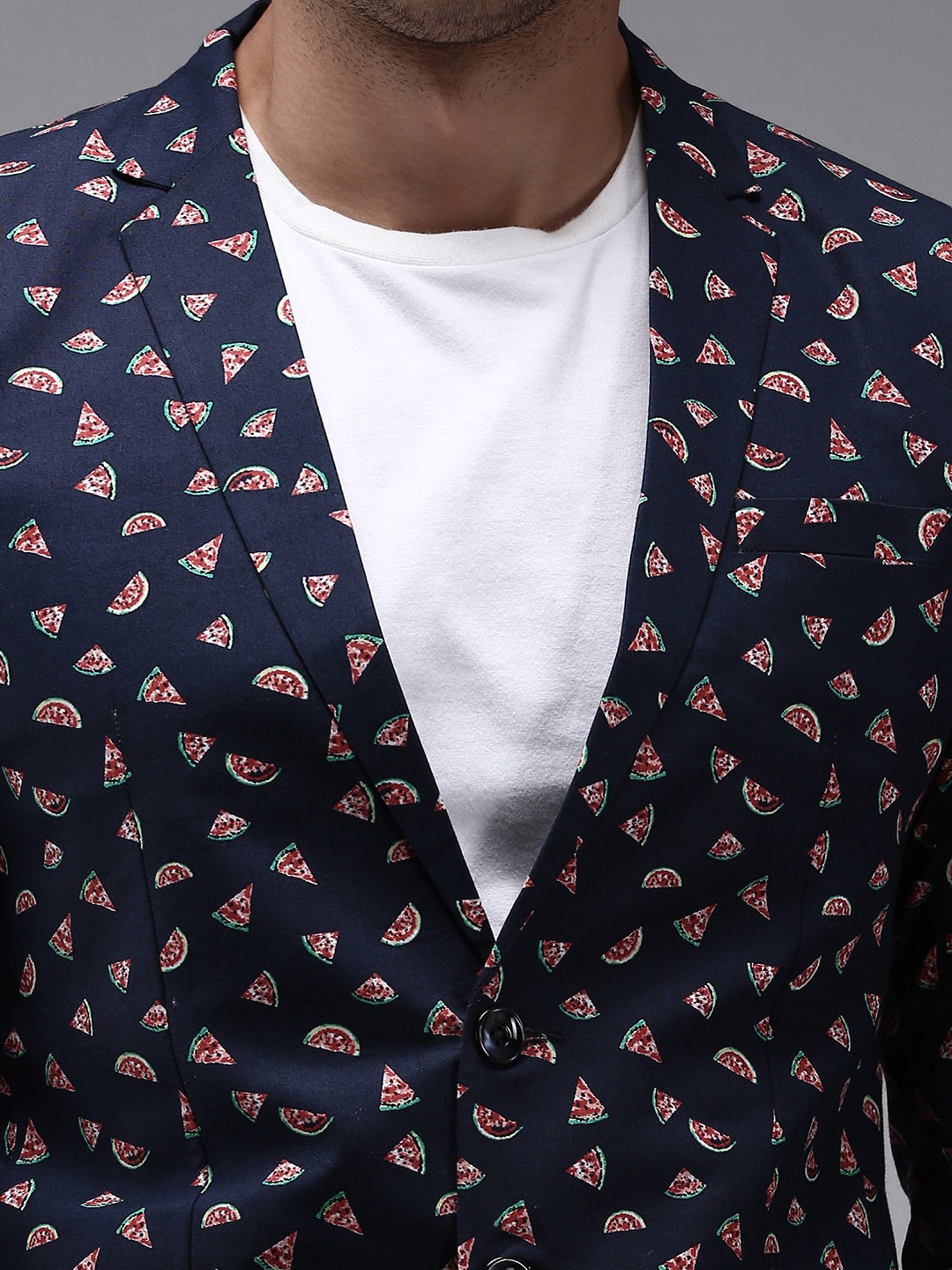 Showoff Navy Blue Cotton Regular Fit Printed Blazer