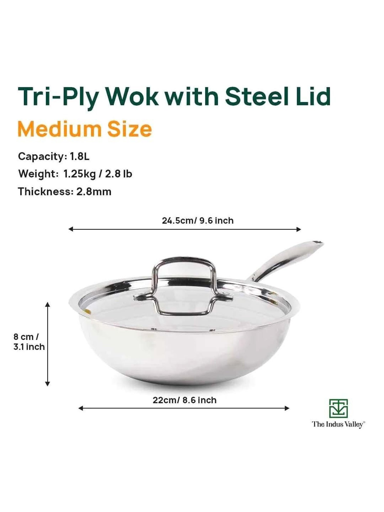 The Indus Valley Silver Stainless Steel 22 cm Induction Compatible Kadai With Lid (1.8 L)