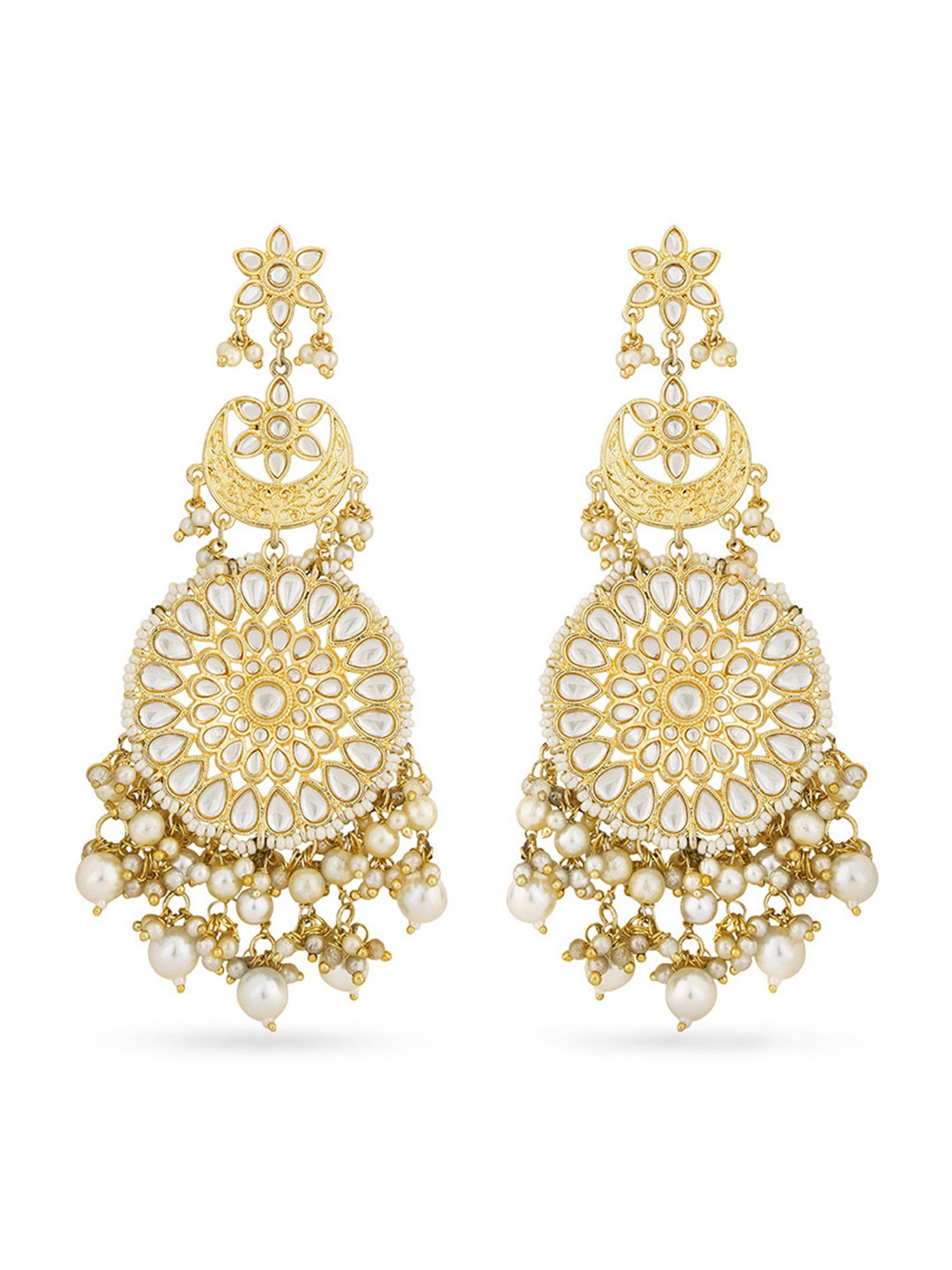 Fida Floral Chand Golden and Pearl White Dangler Earrings