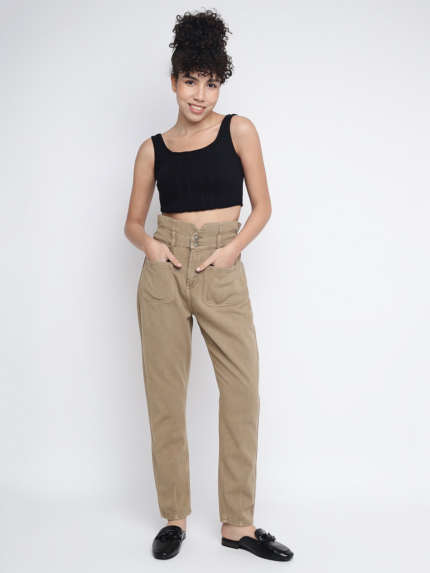 Tales & Stories Khaki Regular Fit High Rise Jeans