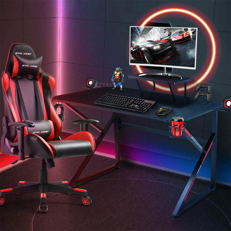 Gaming Desk 39 Inch Computer Desk Gaming Table K Shaped Pc Gaming Workstation Home Office Desk with Headphone/CD Holder, Gaming Controller Rack, K01