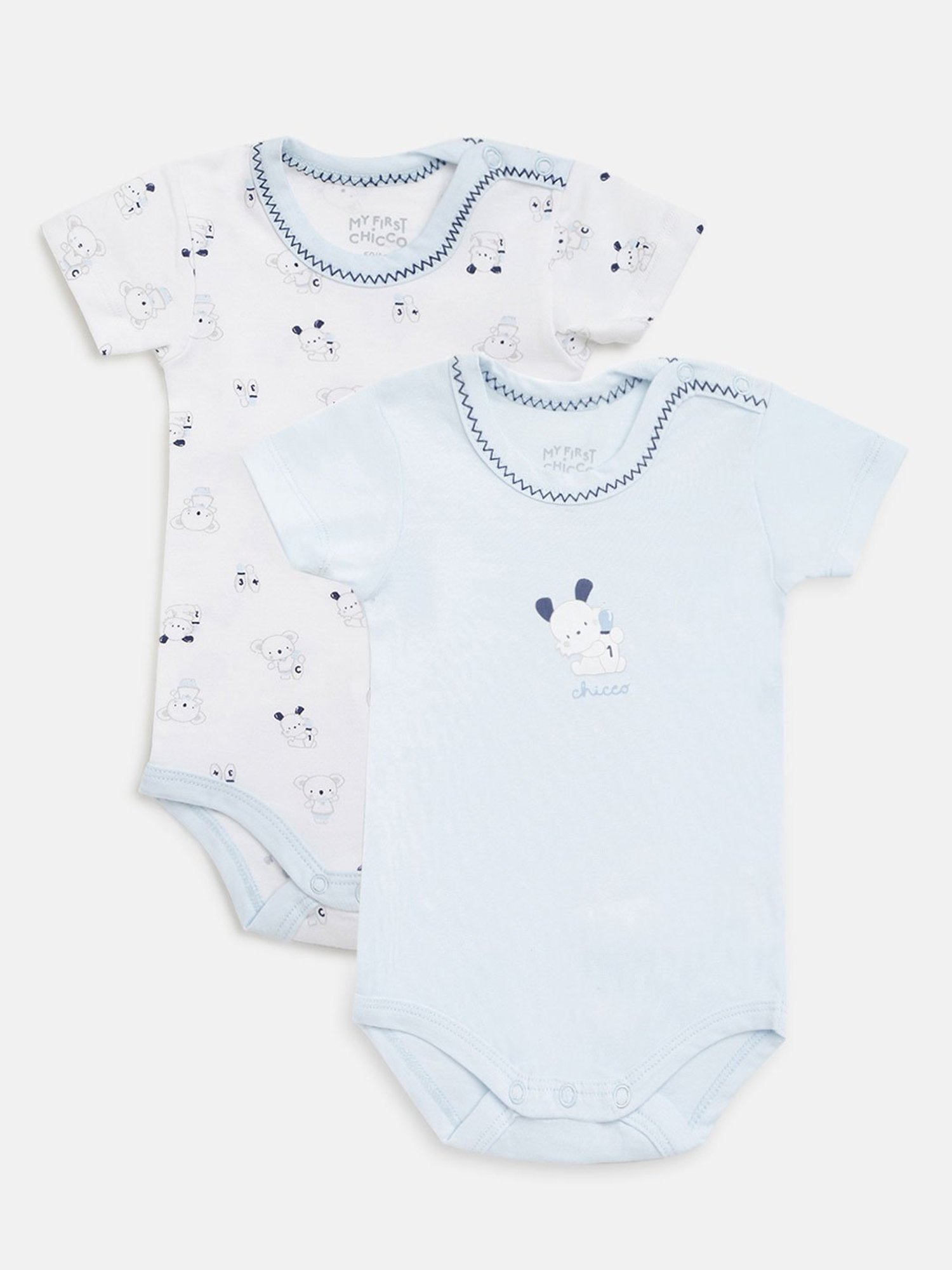 Chicco Kids White & Light Blue Printed Bodysuit (Pack Of 2)
