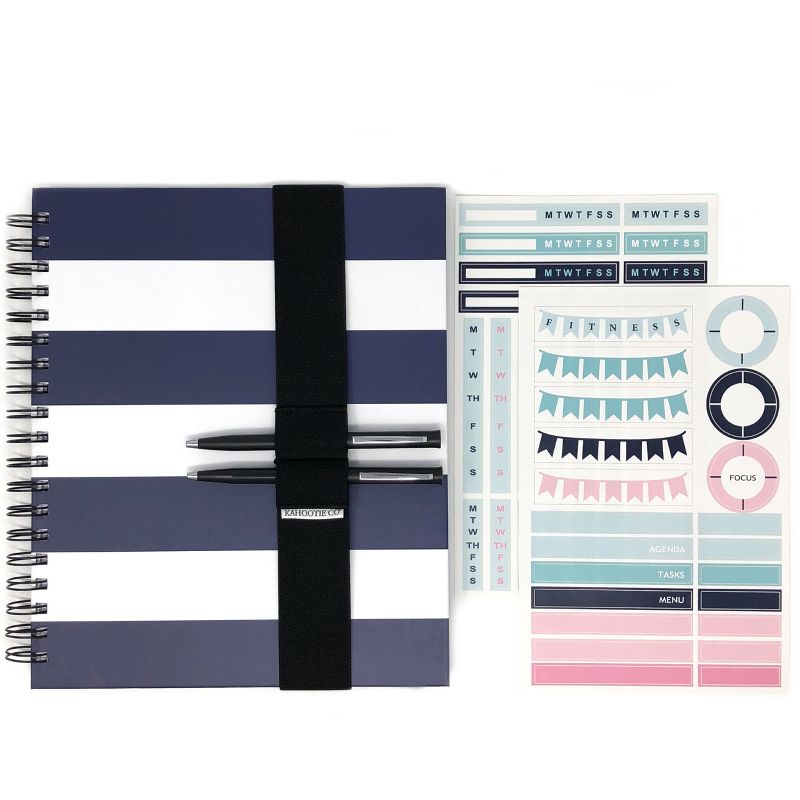 Undated Weekly Planner 8"x10", Book Band & Stickers Bundle Navy Stripes - Kahootie Co