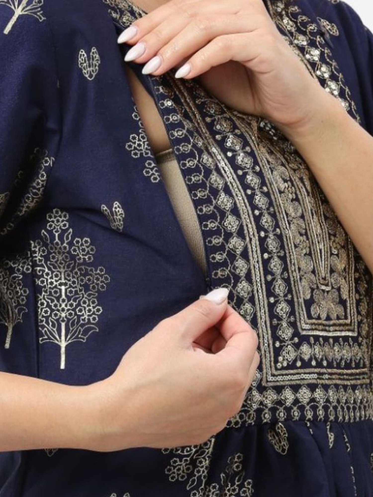 Mee Mee Navy Embellished Maternity Kurta With Pants Set