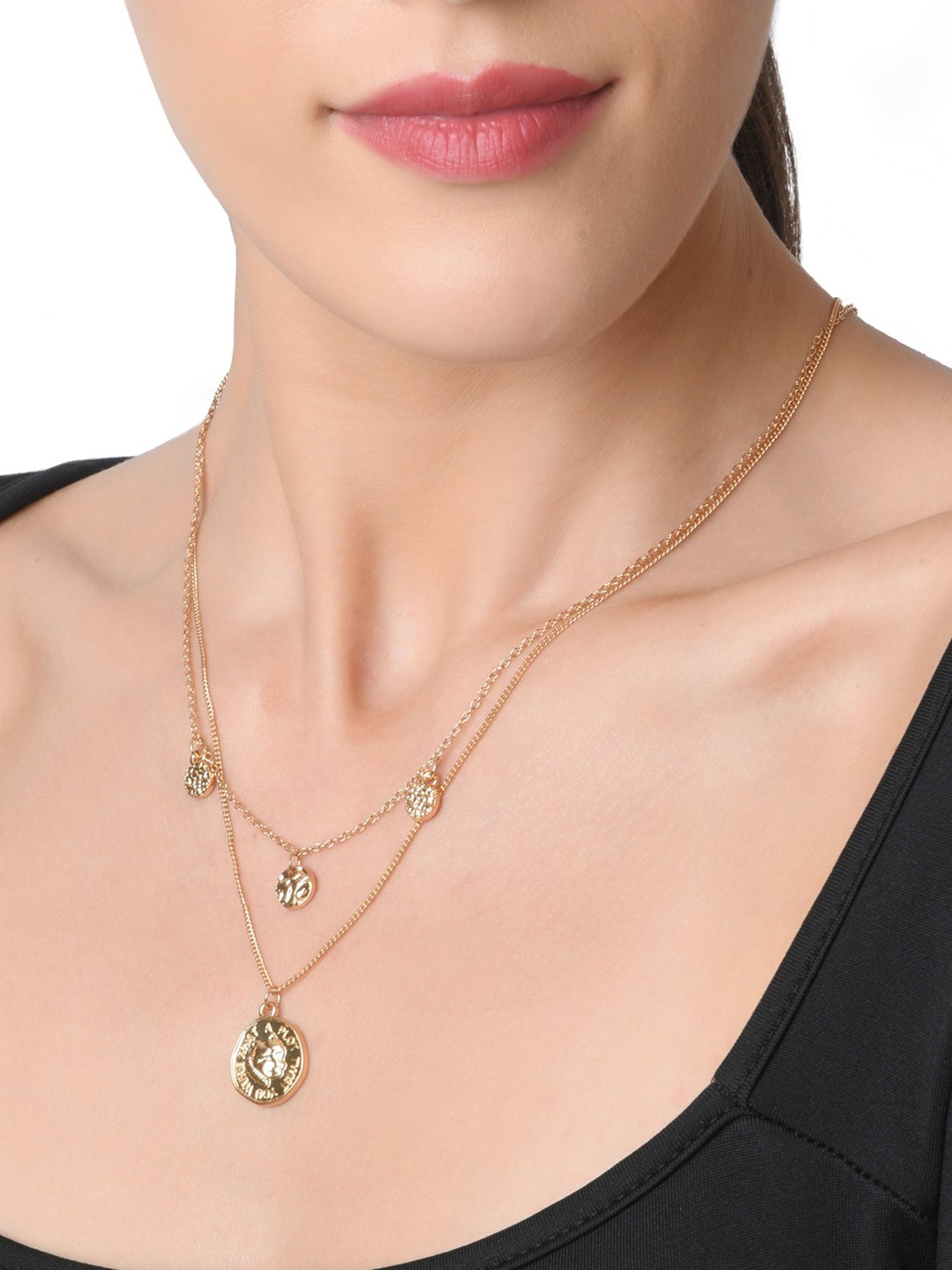 Lilly & Sparkle Gold Toned Two-Layered Necklace with Textured Coin Pendant