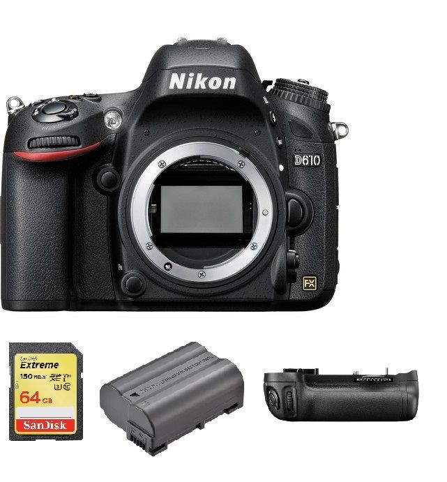 NIKON D610 Body + 64GB SD card + EN-EL15B Battery + MB-D14 Multi-Power Battery Pack