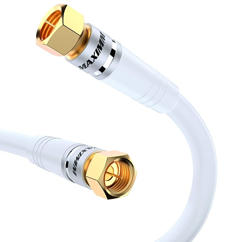 Cable RG6 (75feet, White) Quad Shield Straight Male F-Type Connector with 2 Way Splitter, Couplers, Nail Cable Clips
