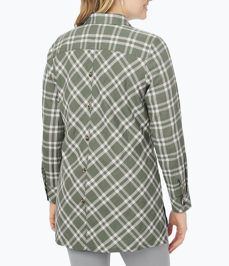 Foxcroft Plus Size Santino Plaid Print Pucker Woven Long Sleeve Button Down Point Collar Tunic