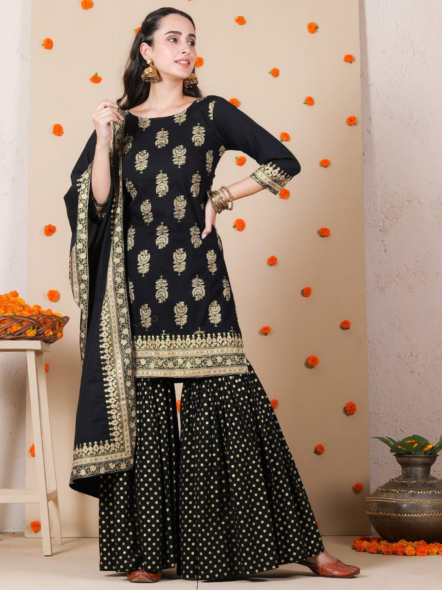 Rustorange Black Printed Kurti Sharara Set With Dupatta