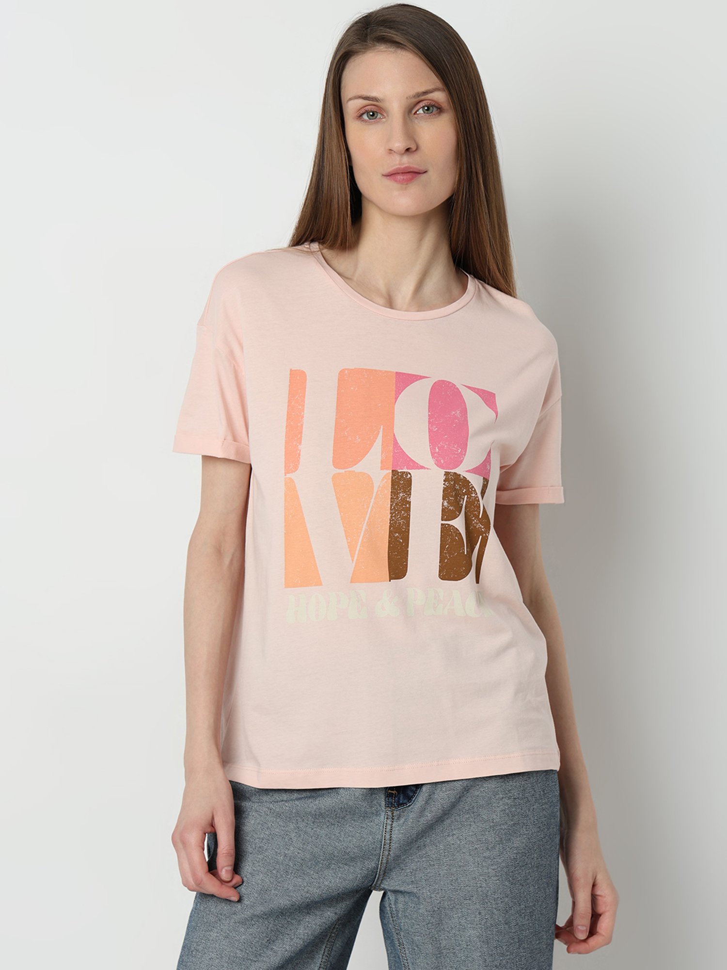 Vero Moda Pink Cotton Graphic Print T-Shirt