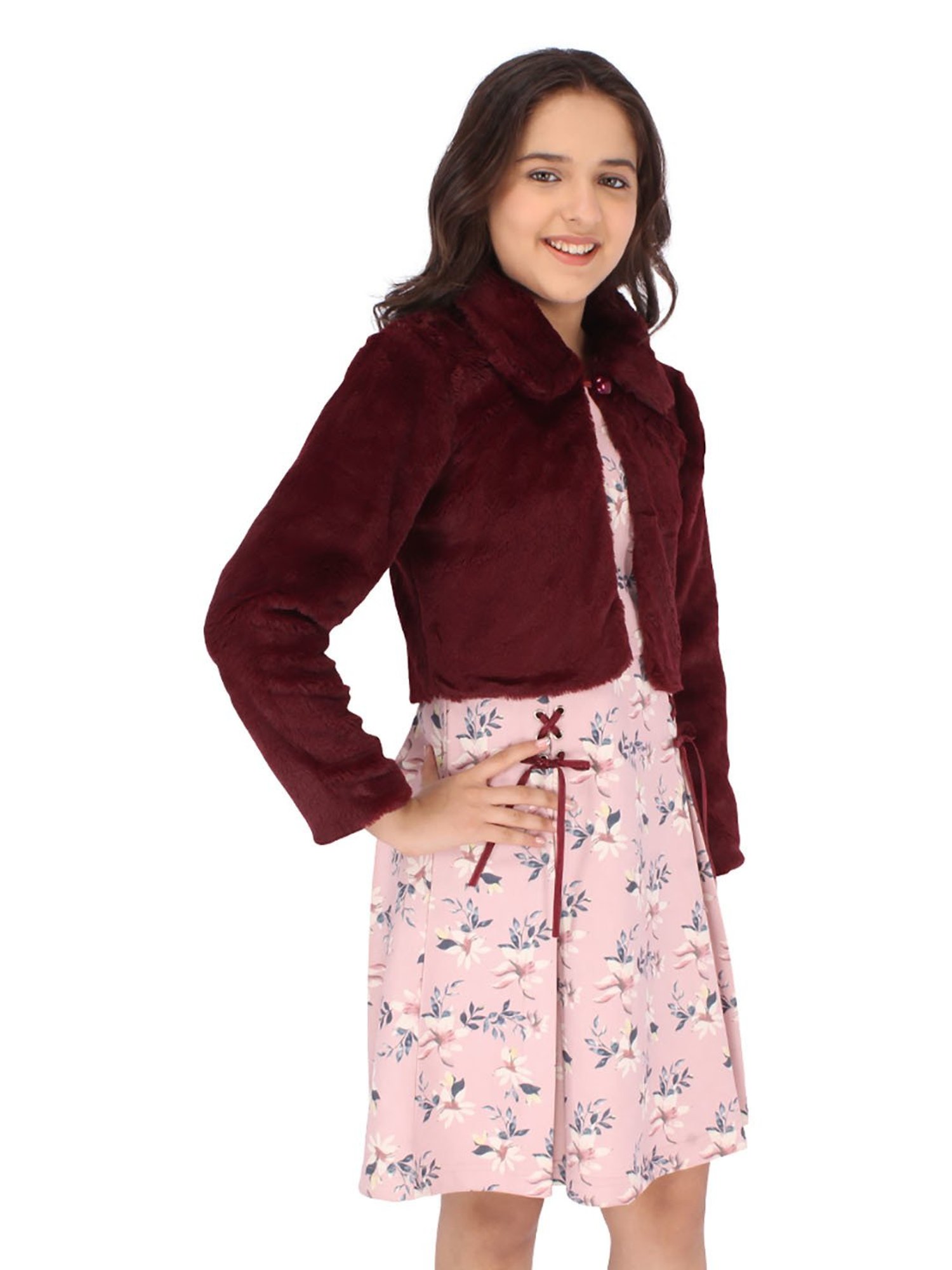 Cutecumber Kids Maroon & Pink Floral Print Full Sleeves Dress with Shrug