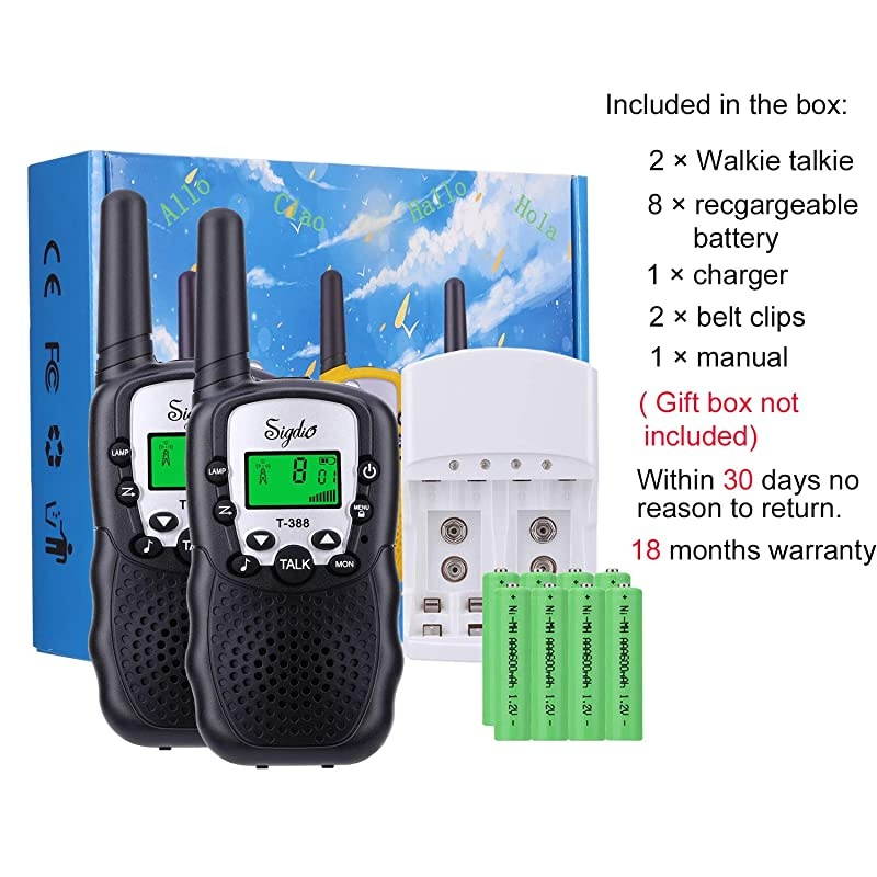 Kids Walkie Talkies Rechargeable Walky Talky 22CH FRS 2 Way Radio Kids Toy with MultiCharger Rechargeable Batteries VOX and Torch Black 8 rechargeable batteries