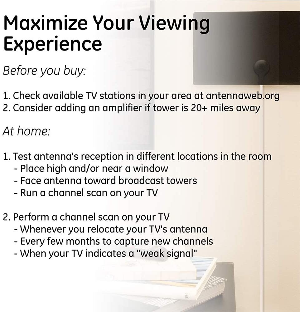 GE Ultra Edge Indoor TV Antenna, Slim Home Decor Reversible Black White, 4K 1080P VHF UHF, Long Range Antenna, Digital, HDTV Antenna, Smart TV Compatible, 6Ft Coaxial Cable, 11264