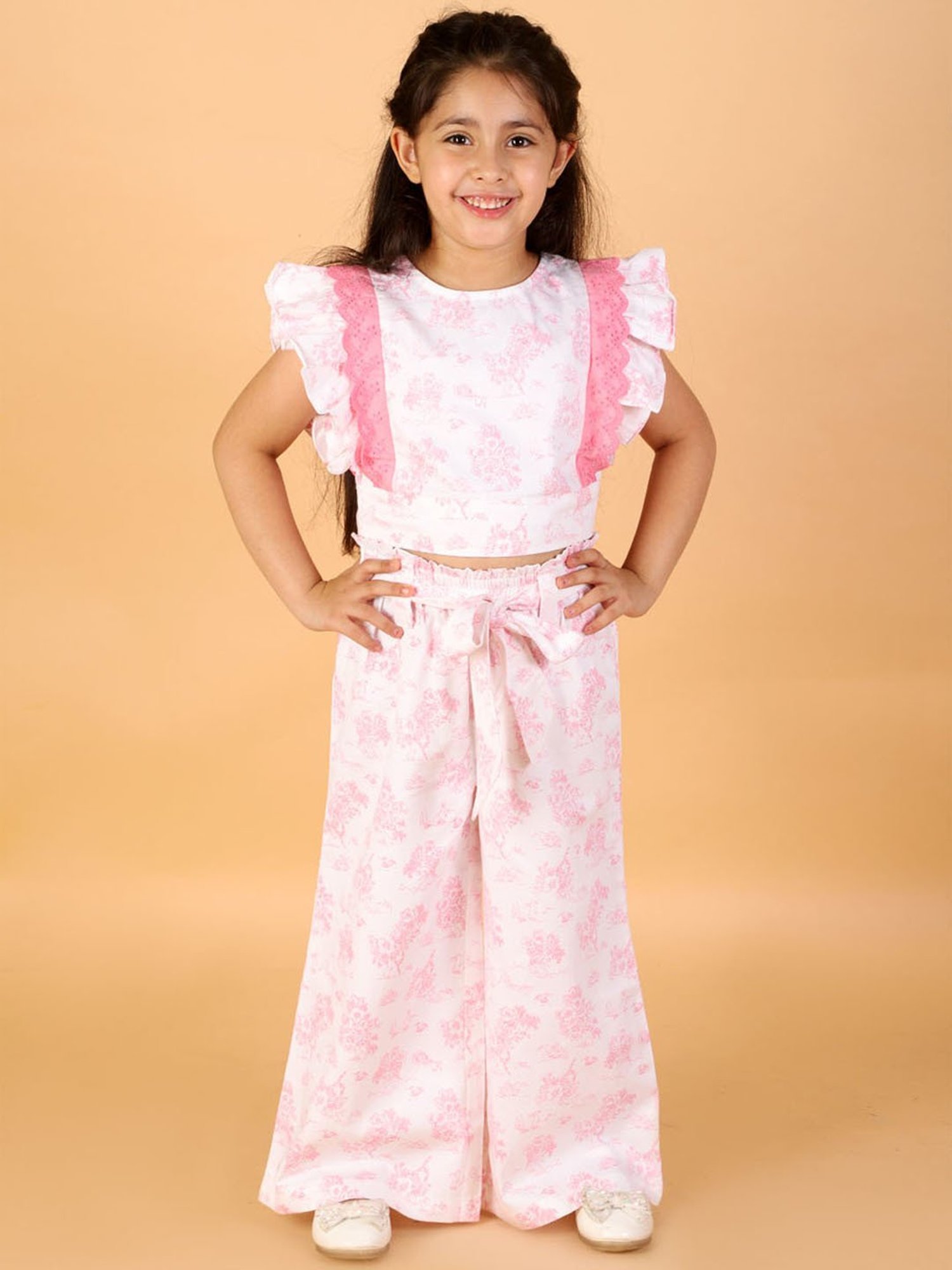 Lil Drama Kids Pink with White Floral Print Top with Pants