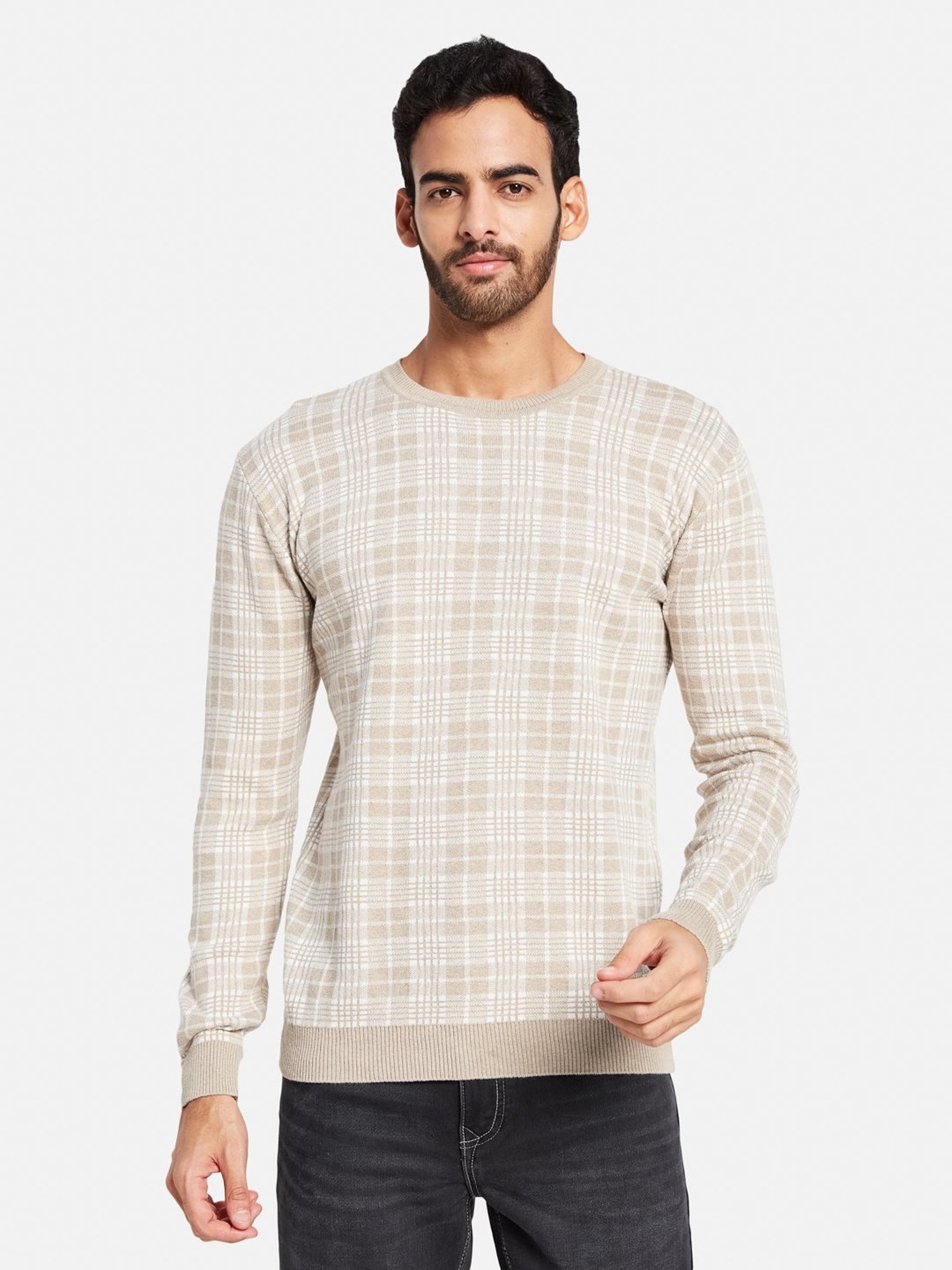 METTLE Khaki Cotton Regular Fit Checks Sweater