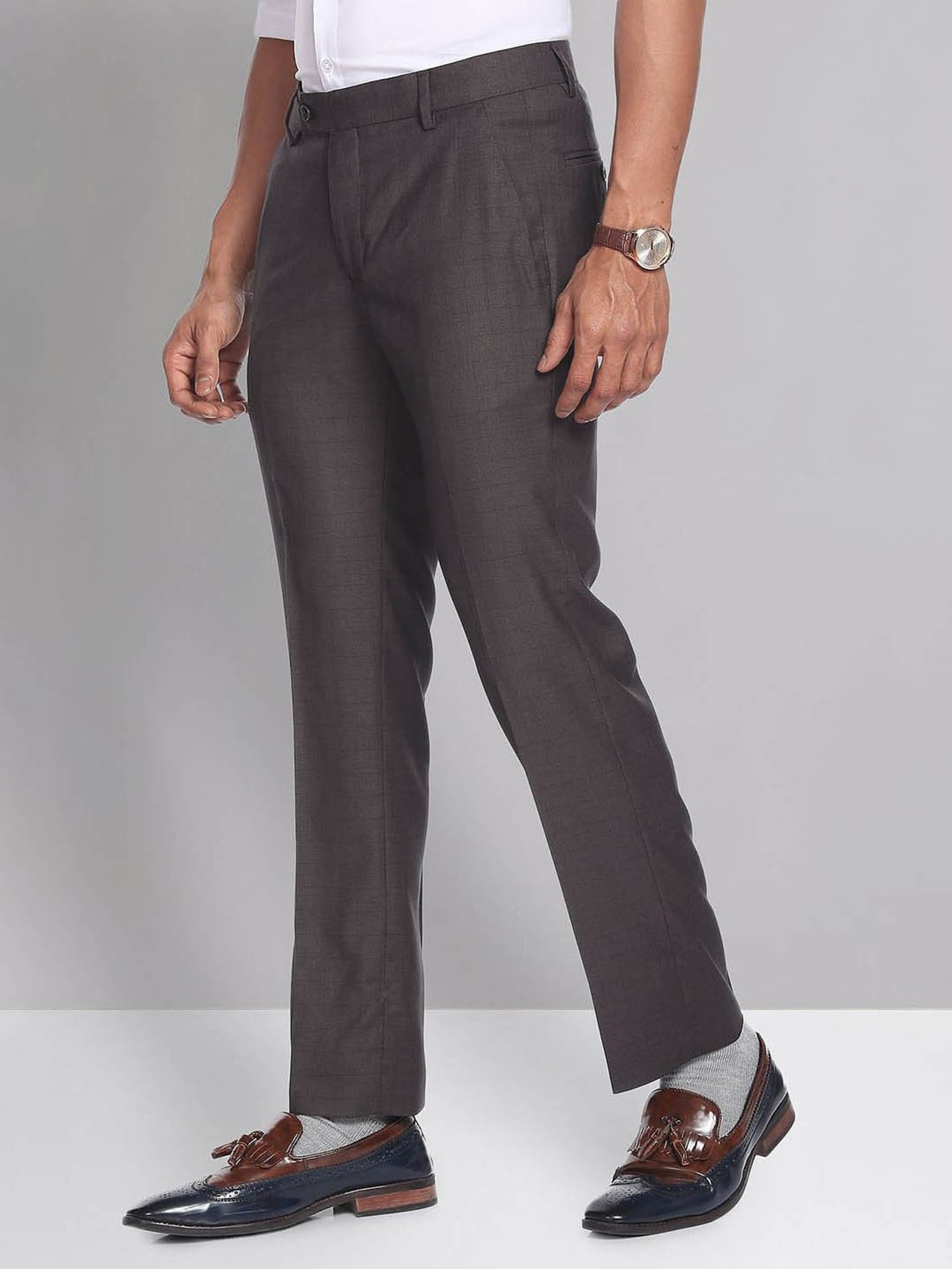 AD by Arvind Dark Brown Regular Fit Flat Front Trousers