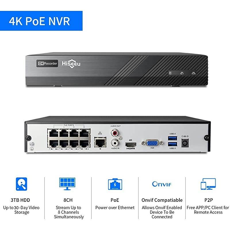 4K PoE Security Camera System, 8CH 8MP Home Surveillance NVR System with 3TB HDD, 4Pcs 4K IP Wired Camera with Night Vision for Indoor Outdoor Security, 30 Days Video/Audio Loops Recording