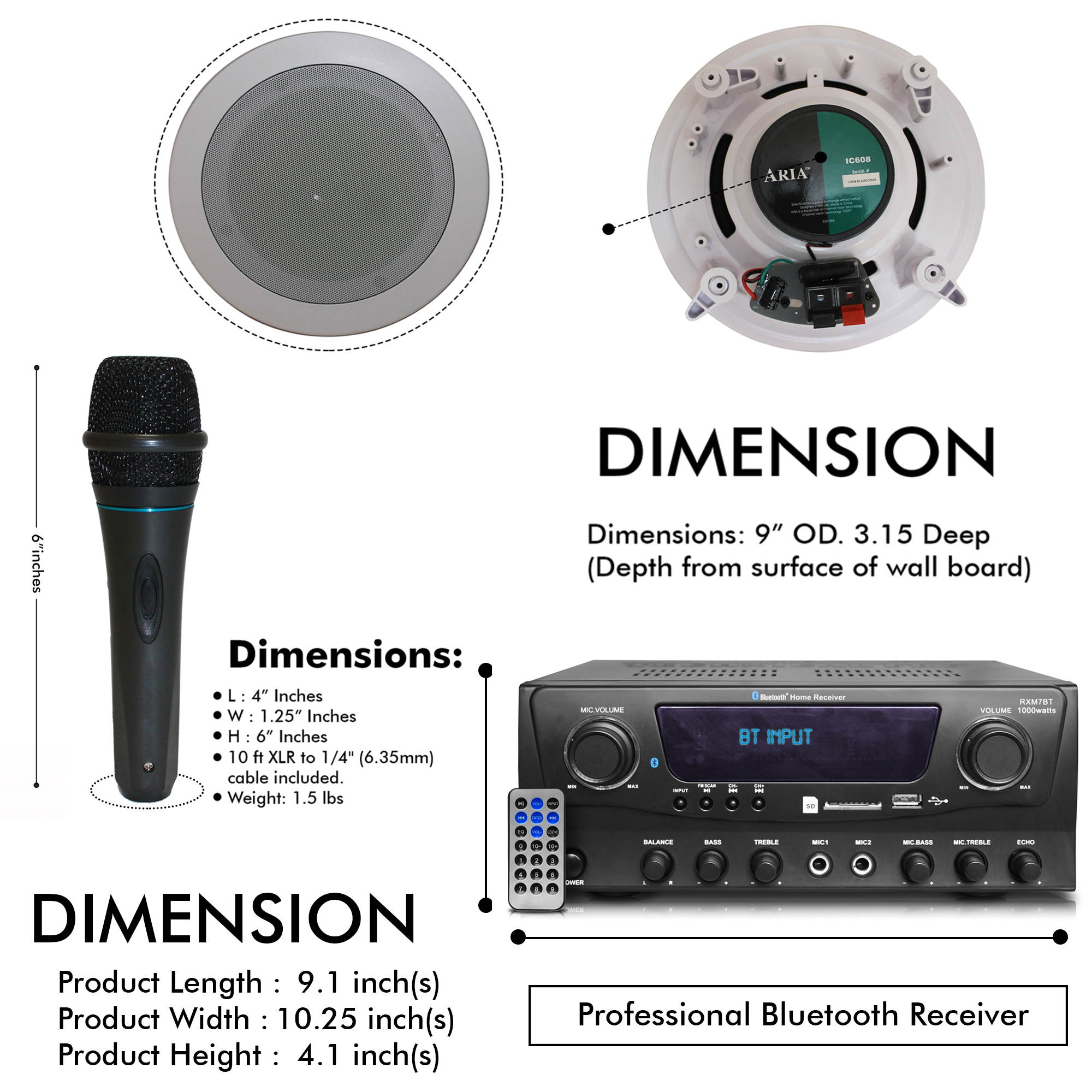 Technical Pro, 1000 Watts 2 Room Bluetooth Home Amplifier and Receiver with USB and SD Reader, (Qty 6) 5.25 flush mount In-Wall / In-Ceiling Stereo Speakers, Handheld Microphone with 10 Ft Cable